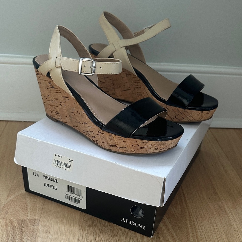 Alfani Black and Cream Cork Wedges